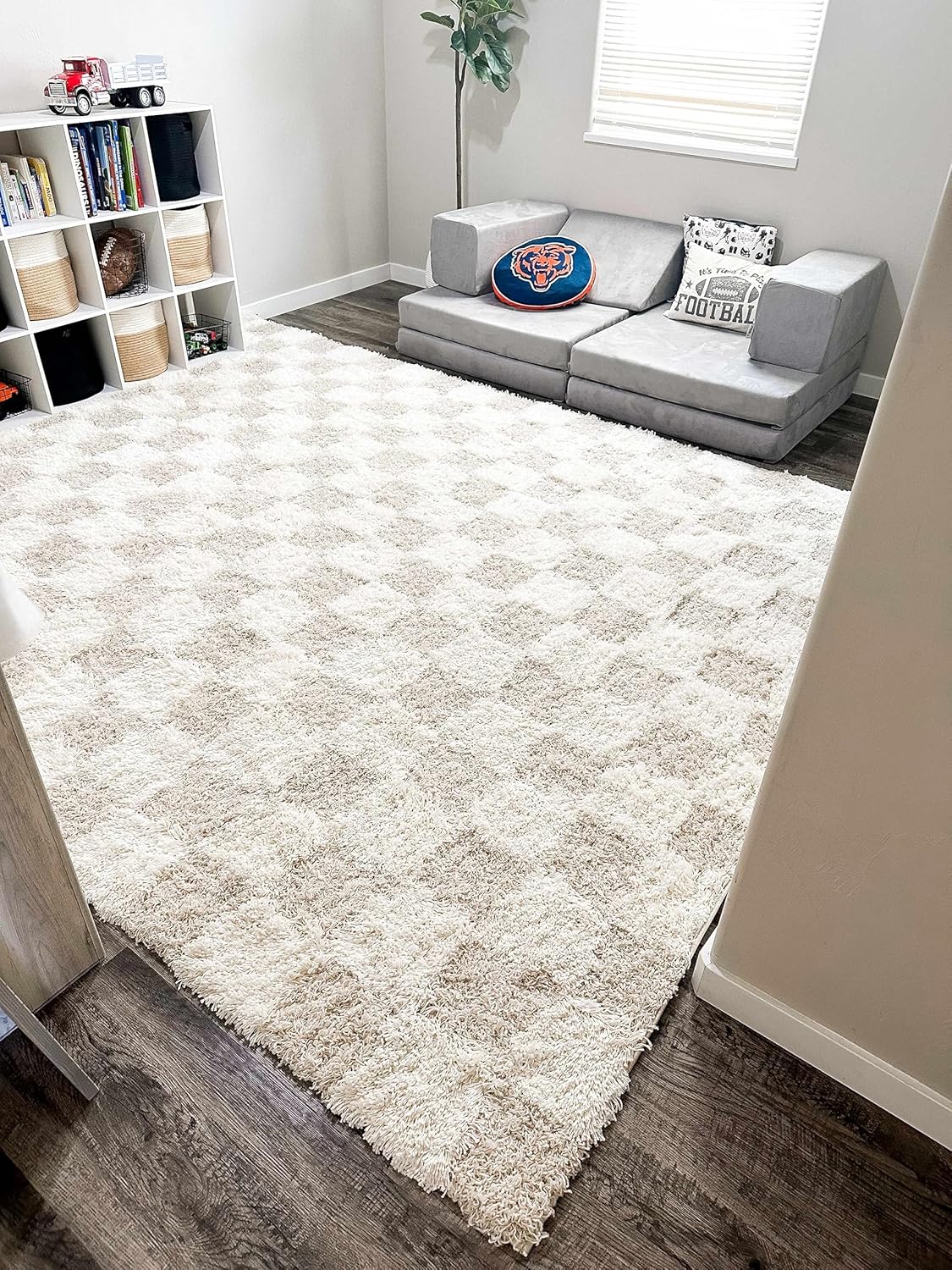 Beige Cream White Checkered Fluffy Shag Area Rug 6'7" x 9'6" A39427