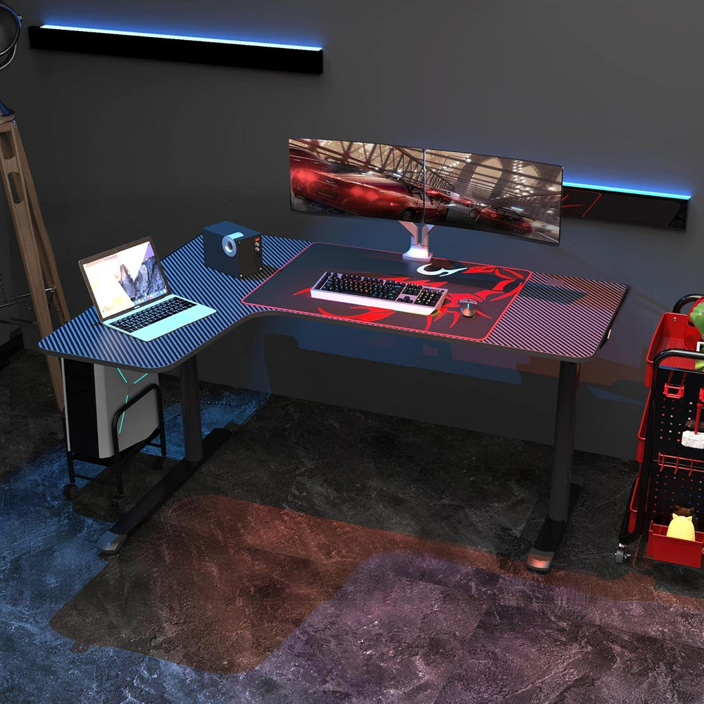 Black L Shaped 60 Inch Gaming Desk with Mouse Pad and Cable Management O542