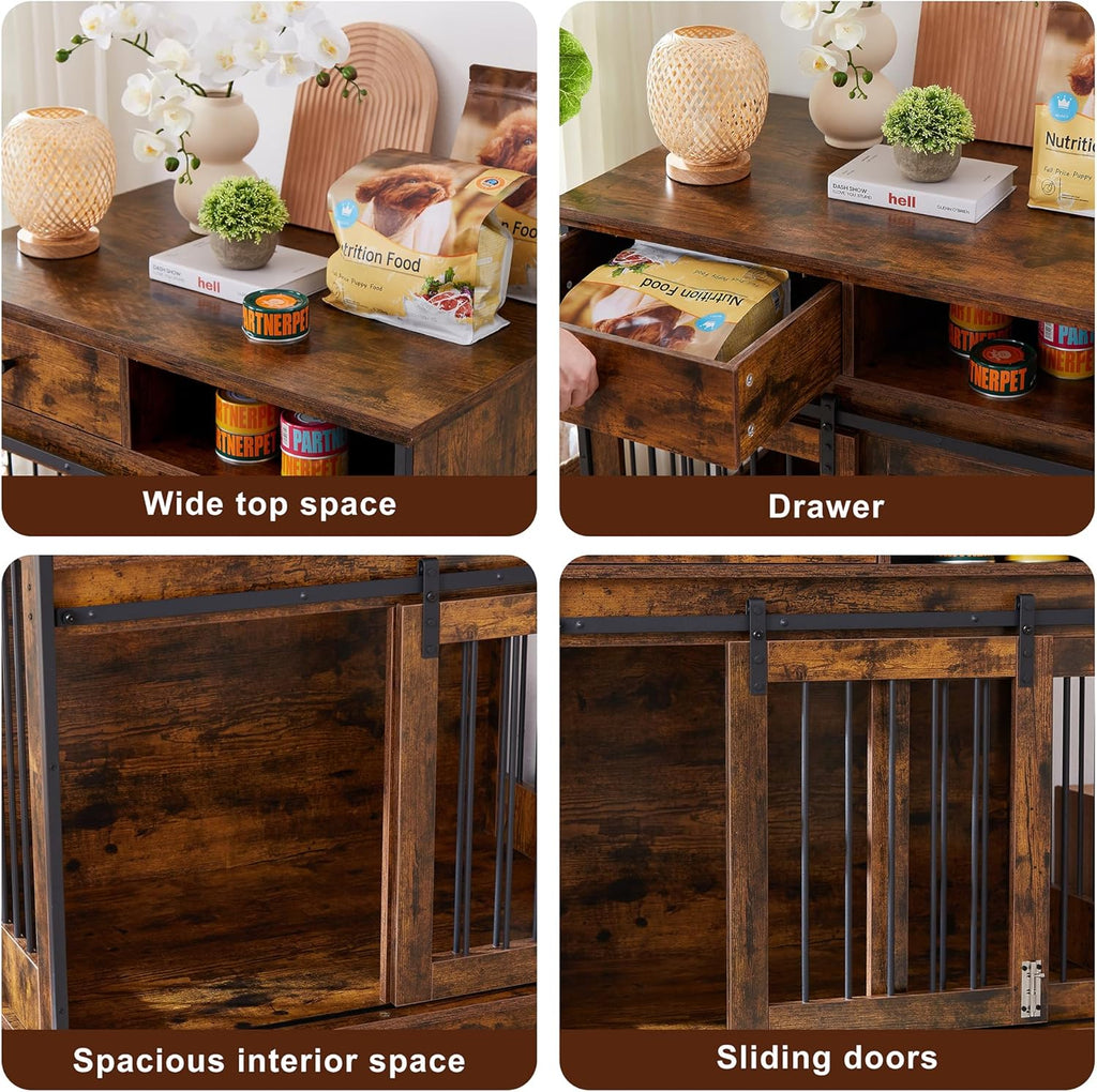 Rustic Brown Wooden Dog Crate with Sliding Barn Door and Storage Drawers P756149