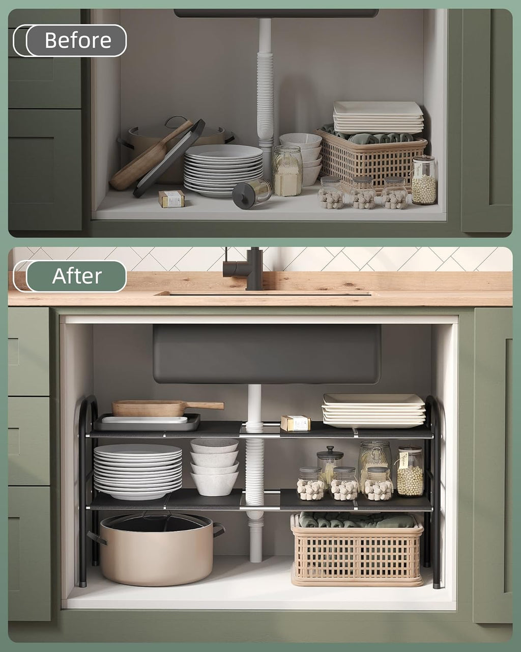 2 Tier Expandable Under Sink Organizer Shelf with 8 Removable Panels B93352