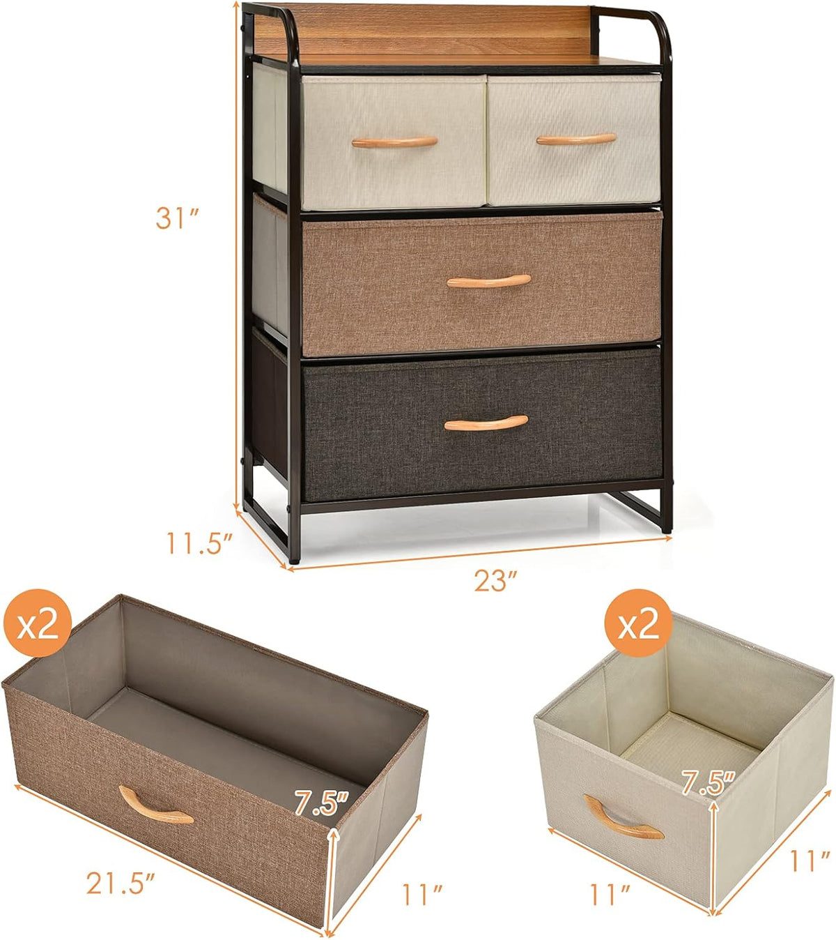 4 Drawer Fabric Dresser with Steel Frame and Wooden Top H1698