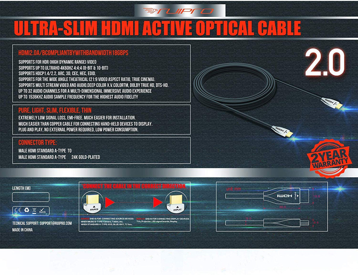 HDMI 2.0b Fiber Optic Cable 50ft 4K 60Hz 18Gbps H963