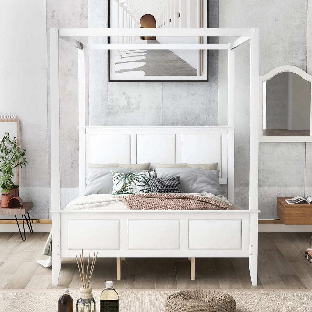 White Wood Queen Size Canopy Platform Bed E94326