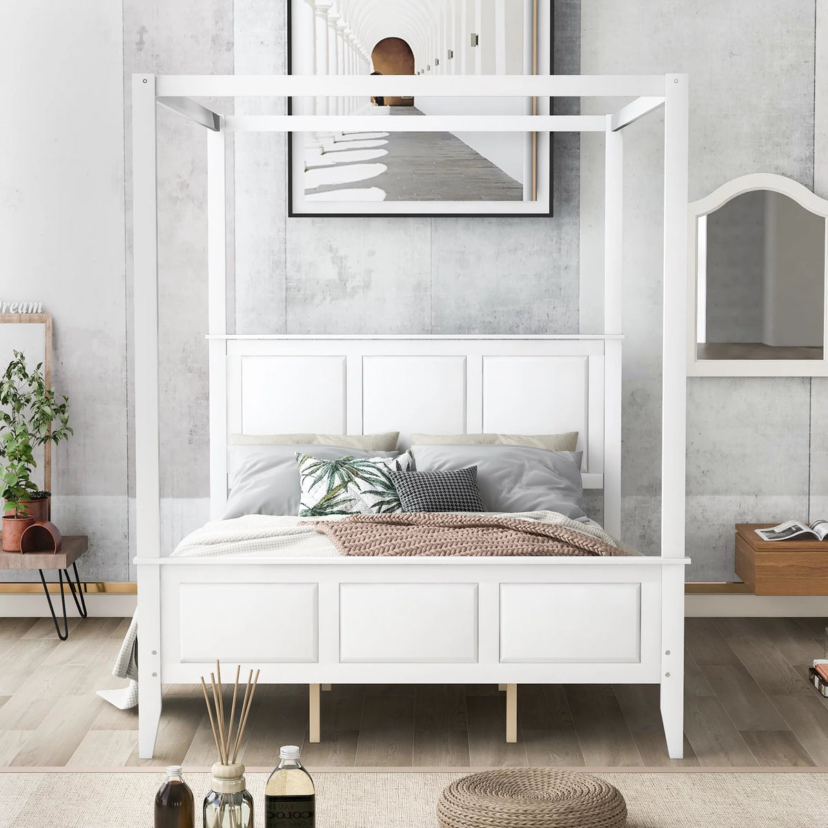 White Wood Queen Size Canopy Platform Bed E94326