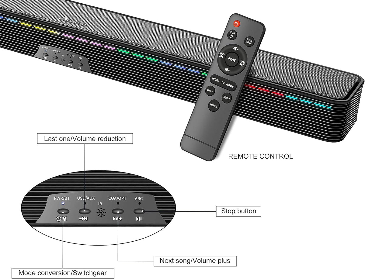 Soundbar Speaker with RGB LED Light Bar Bluetooth AUX Optical and HDMI Connection L788624