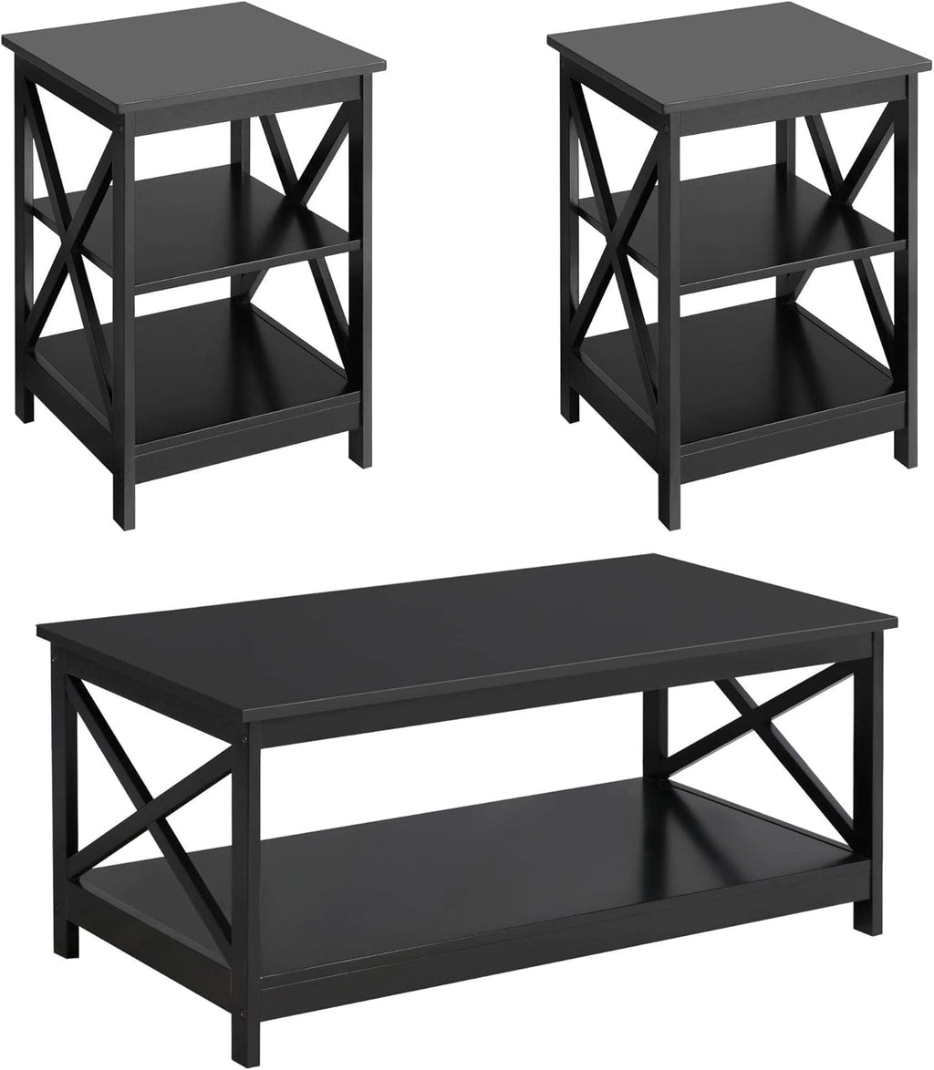 White 3 Piece Wood Table Set with Shelf and 2 End Tables V544078
