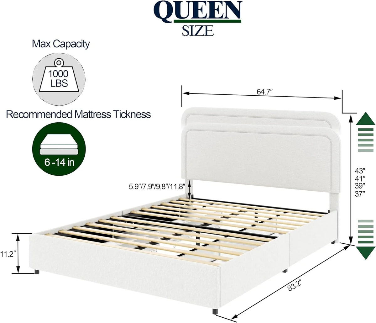 Queen Size Upholstered Platform Bed with 4 Storage Drawers O448