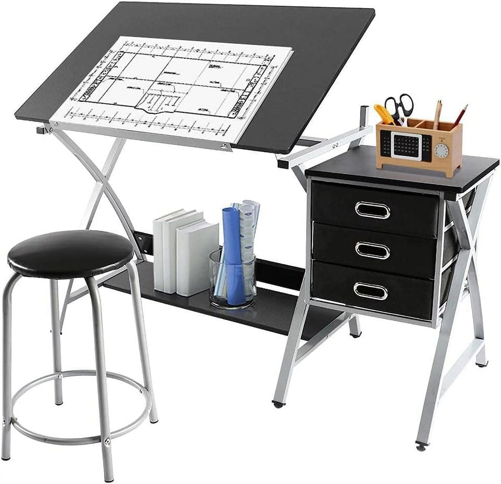 Adjustable Drafting Desk with Stool and 3 Slide Drawers K5057