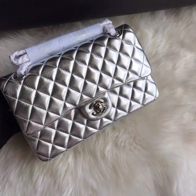 Silver Medium Size Lambskin Leather Flap Bag X95052