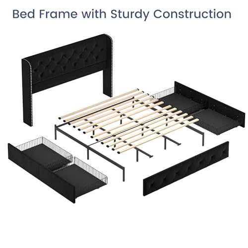 Black Velvet King Size Bed Frame with Storage Drawers and Tufted Headboard V2696