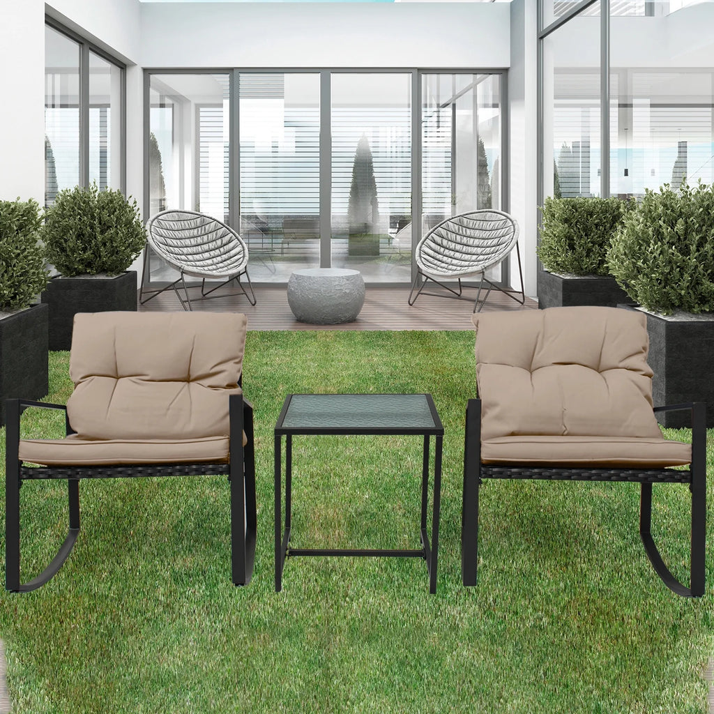 Black Wicker 3-Piece Rocking Chair Set with Glass Table N89008
