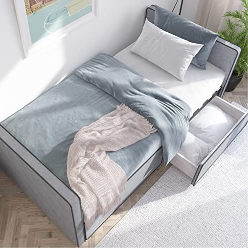 Twin Size Platform Bed Frame with 2 Storage Drawers in Gray Fabric N271246
