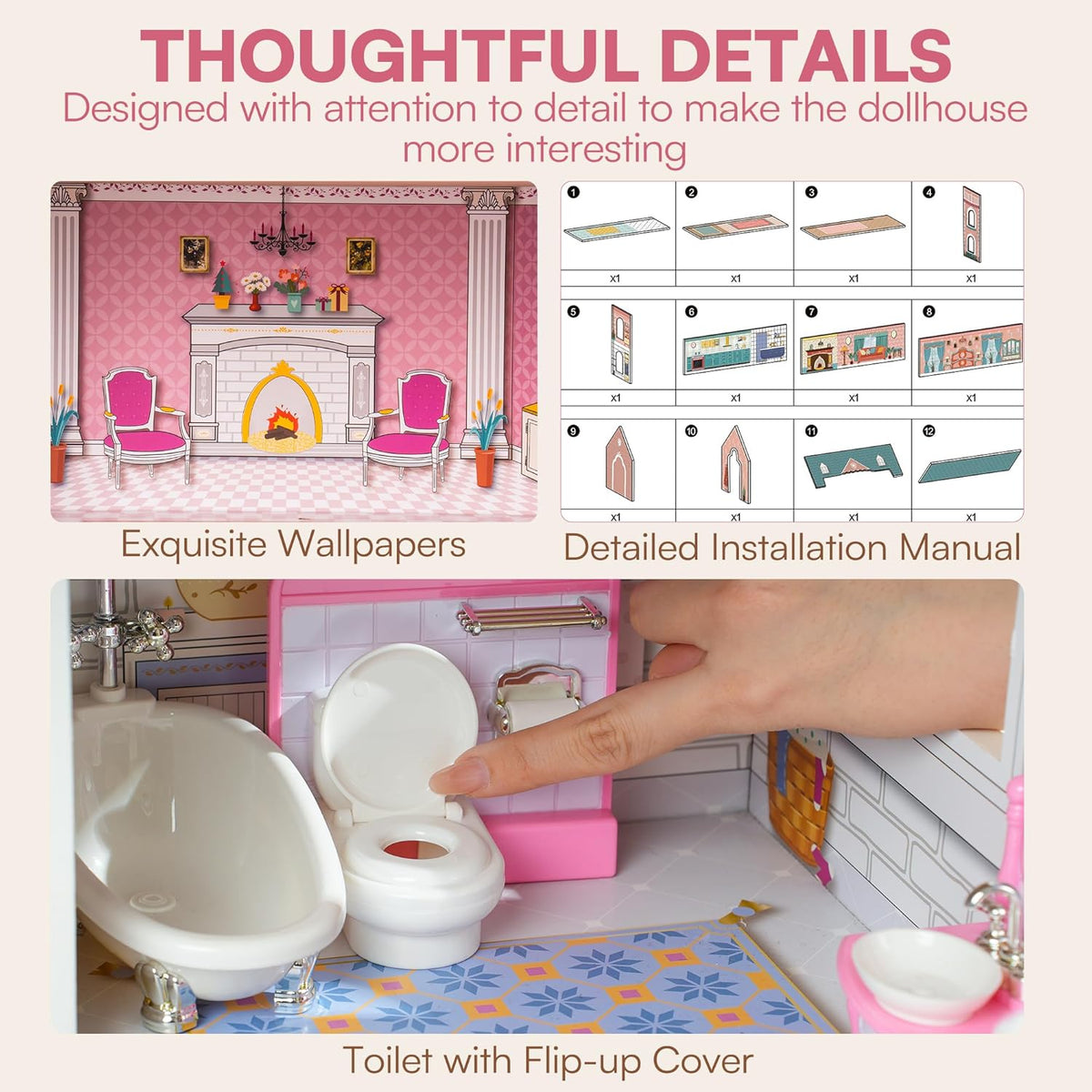 Wooden Dollhouse Playset, 3 Stories, 5 Rooms, 24 PCS Furniture U76780