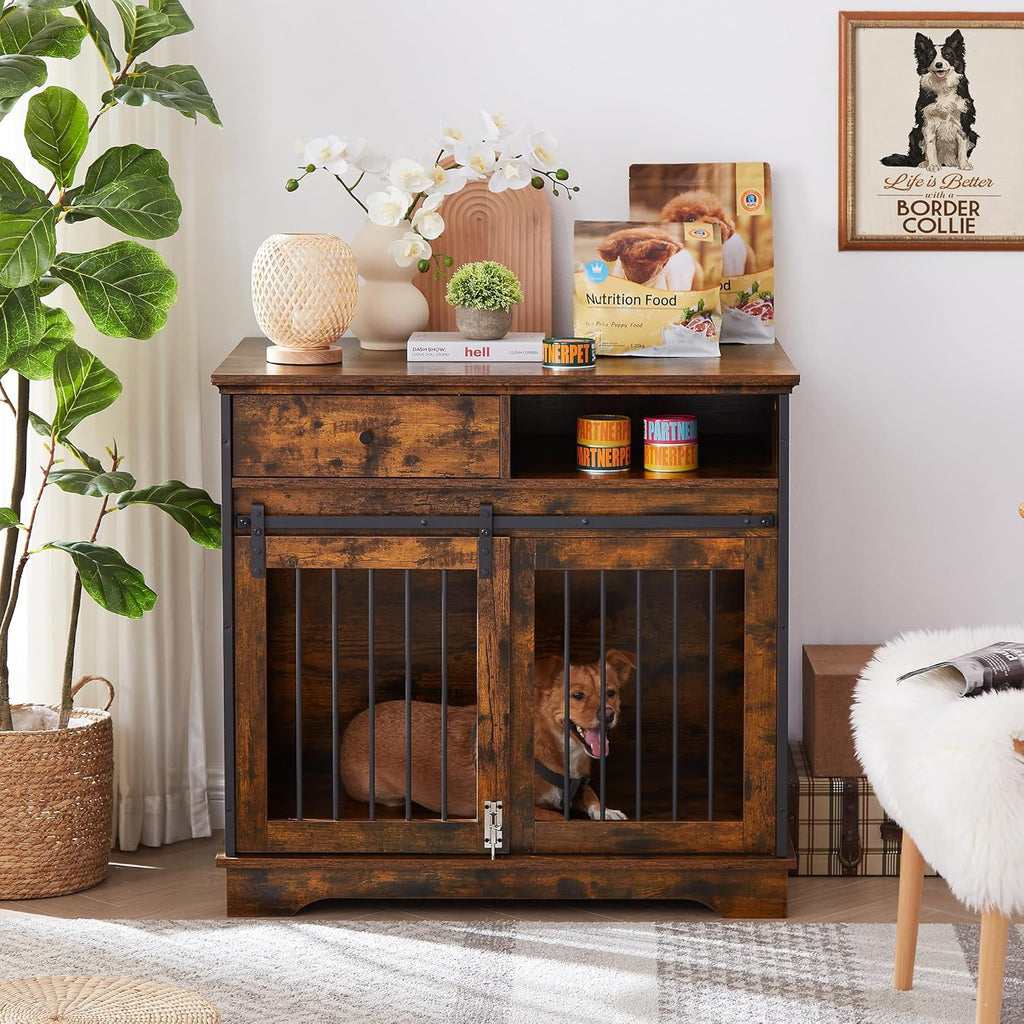 Rustic Brown Wooden Dog Crate with Sliding Barn Door and Storage Drawers P756149