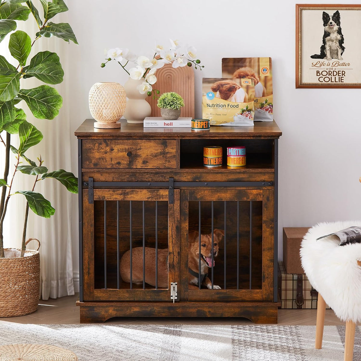 Rustic Brown Wooden Dog Crate with Sliding Barn Door and Storage Drawers P756149