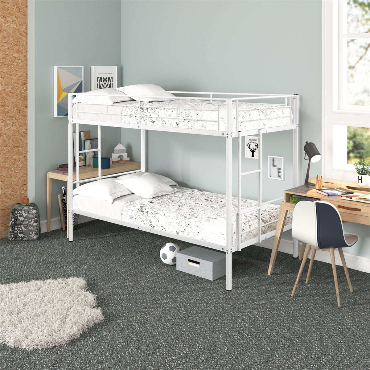 White Twin Over Twin Metal Bunk Bed with Ladders Y8718