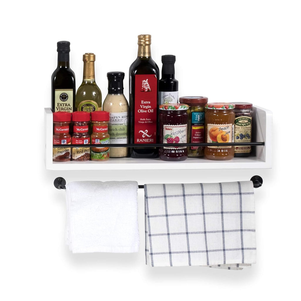 White Rustic Wood Wall Shelf with Metal Rail J6749