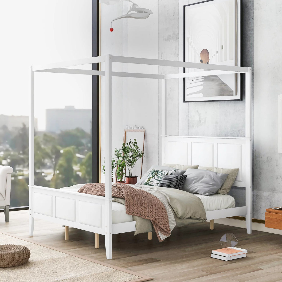 White Wood Queen Size Canopy Platform Bed E94326