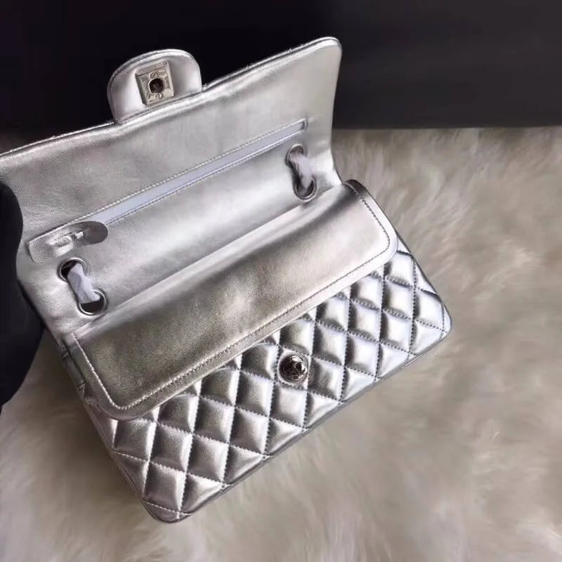 Silver Medium Size Lambskin Leather Flap Bag X95052