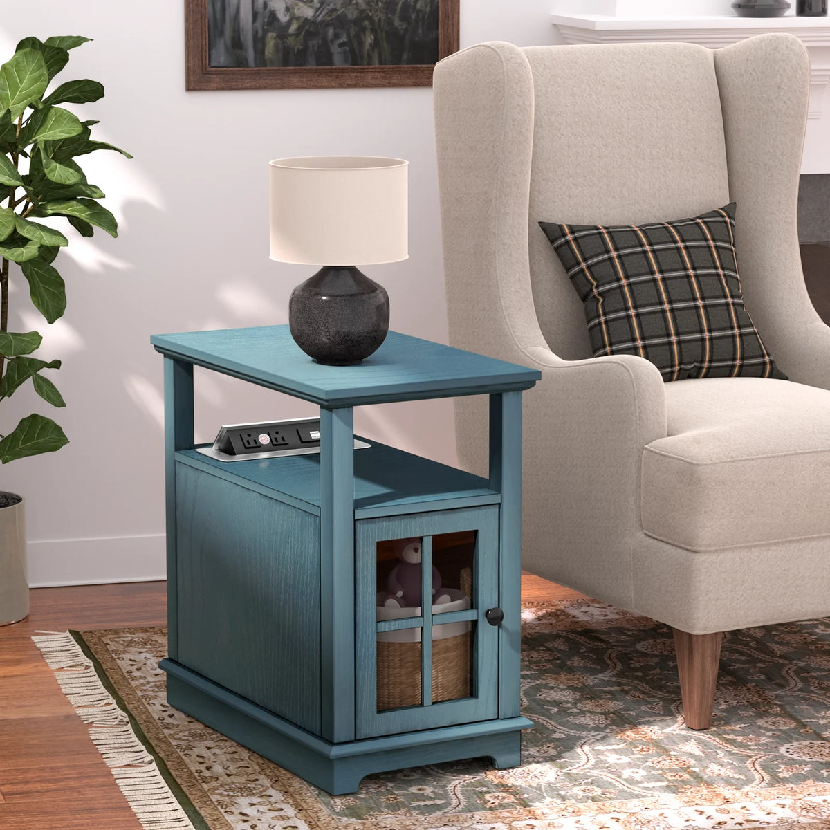 Teal End Table with Storage and Charging Station H730773