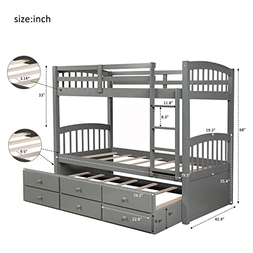 Twin Over Twin Wooden Bunk Bed with Trundle and 3 Storage Drawers H4701