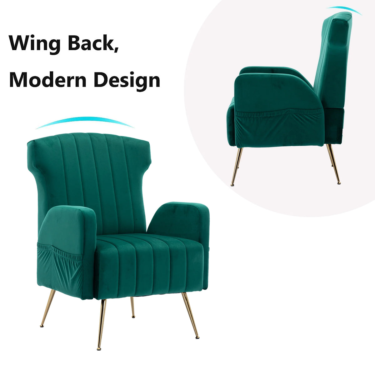 Green Velvet Wingback Accent Chair with Metal Legs W767104