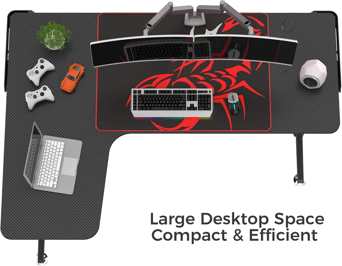 Black L Shaped 60 Inch Gaming Desk with Mouse Pad and Cable Management O542