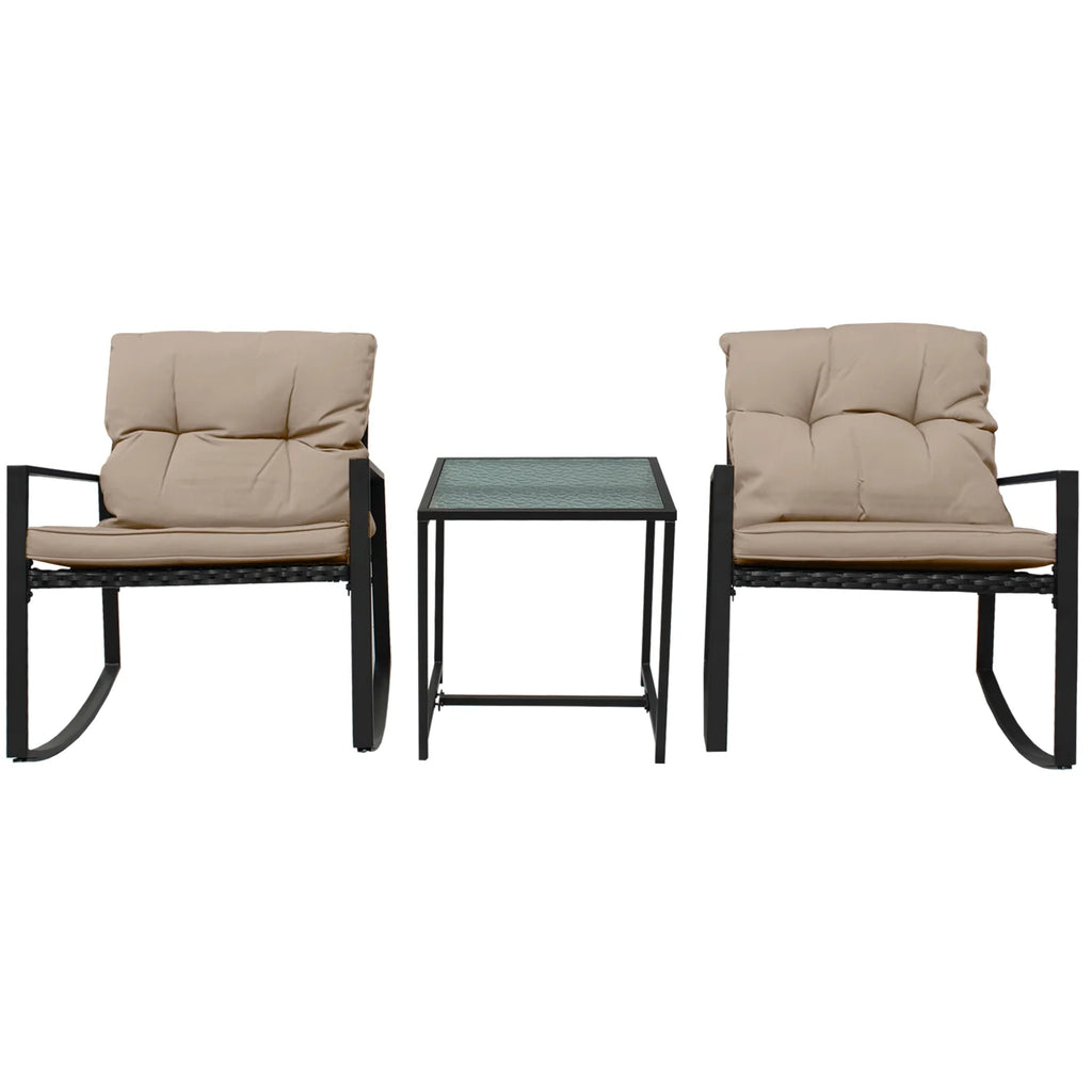 Black Wicker 3-Piece Rocking Chair Set with Glass Table N89008