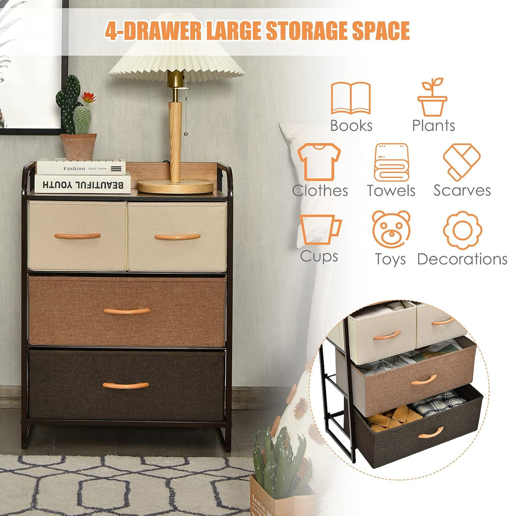 4 Drawer Fabric Dresser with Steel Frame and Wooden Top H1698