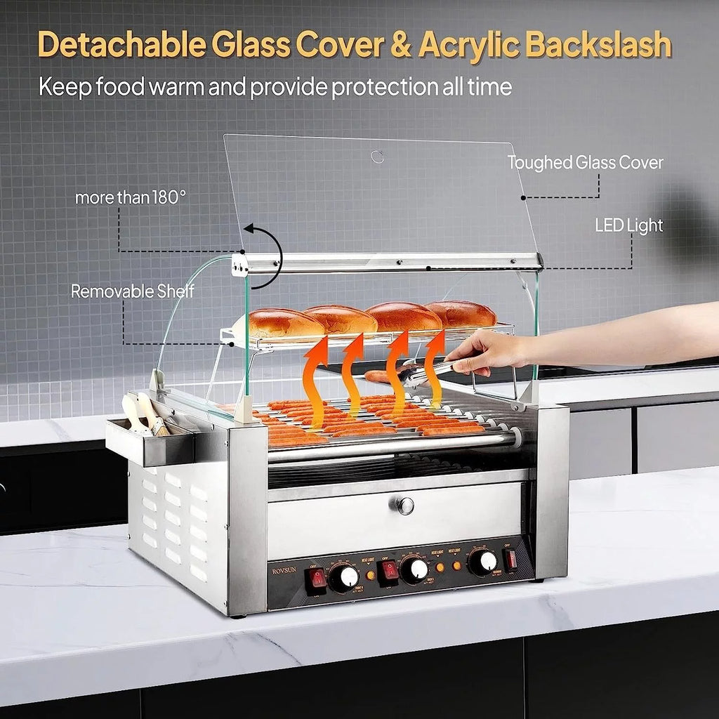 2000W 11 Rollers Hot Dog Roller Grill Cooker Machine with Bun Warmer U1313