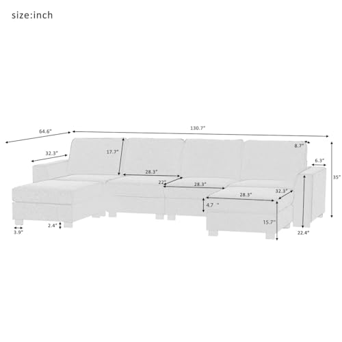 Large U-Shaped Sectional Sofa with Removable Ottomans, Gray Polyester W2031