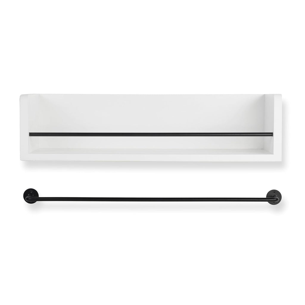 White Rustic Wood Wall Shelf with Metal Rail J6749