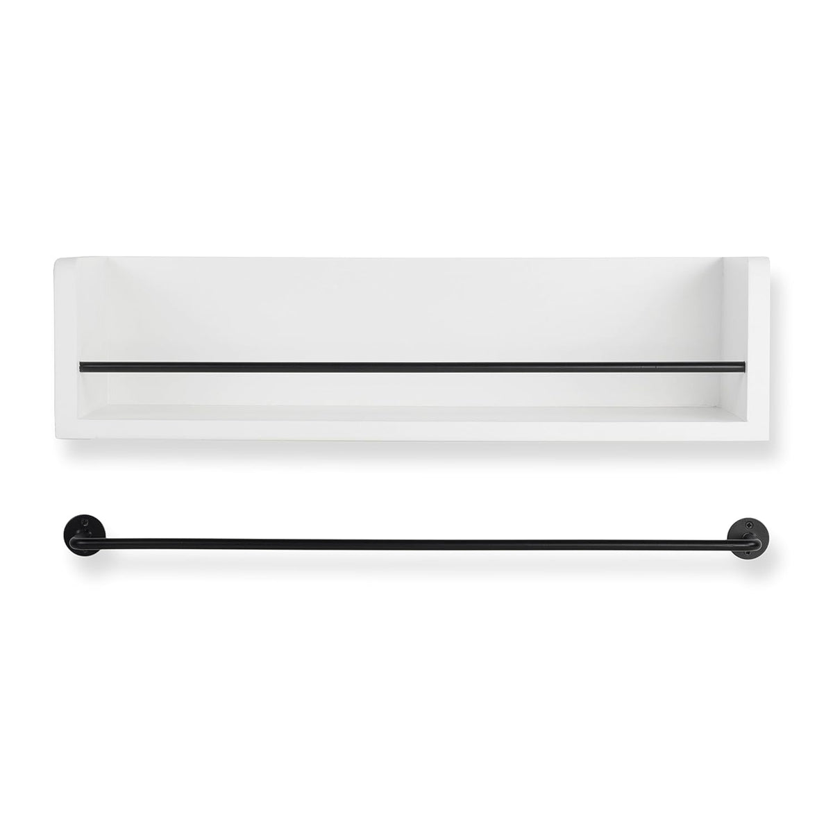 White Rustic Wood Wall Shelf with Metal Rail J6749