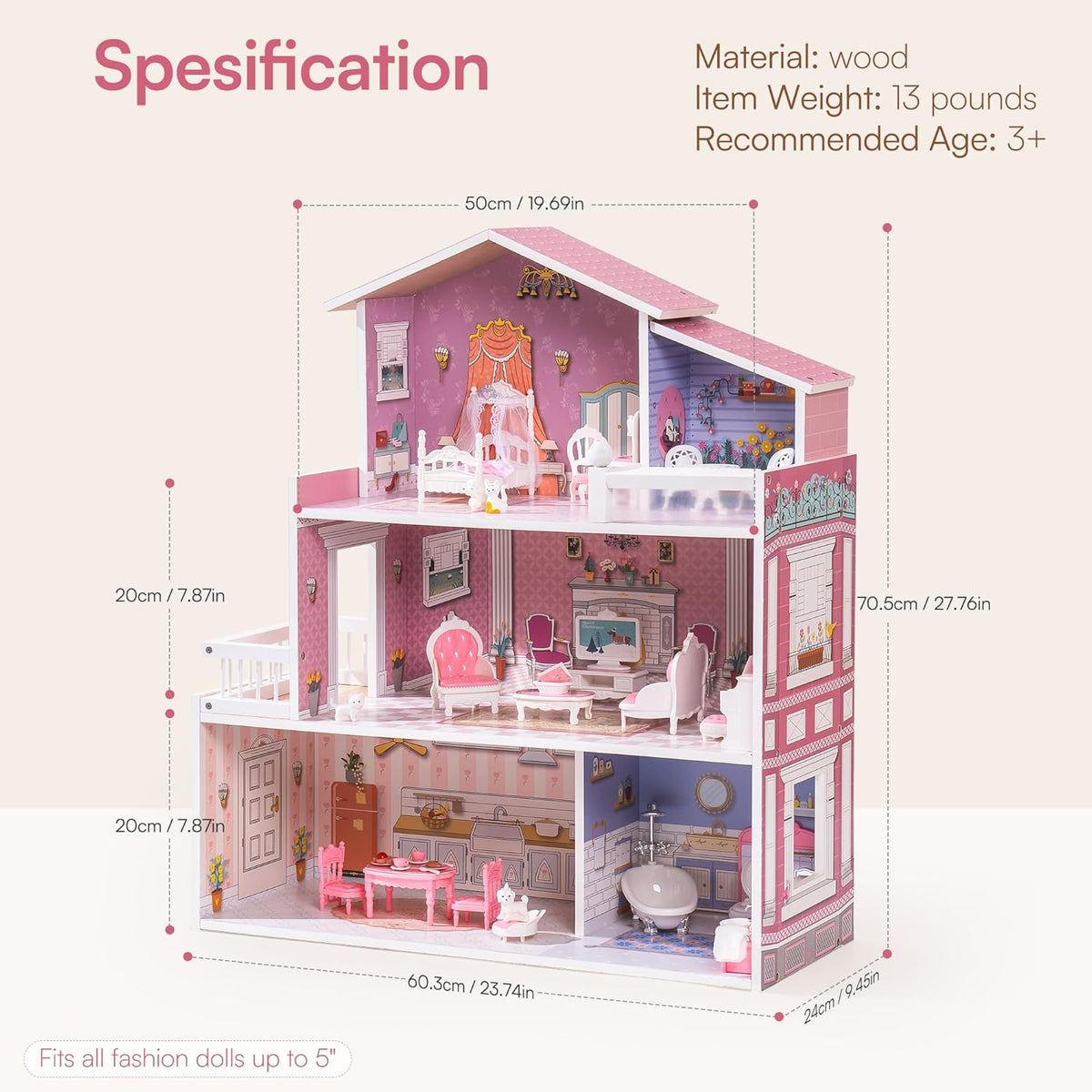 Wooden Dollhouse Playset, 3 Stories, 5 Rooms, 24 PCS Furniture U76780