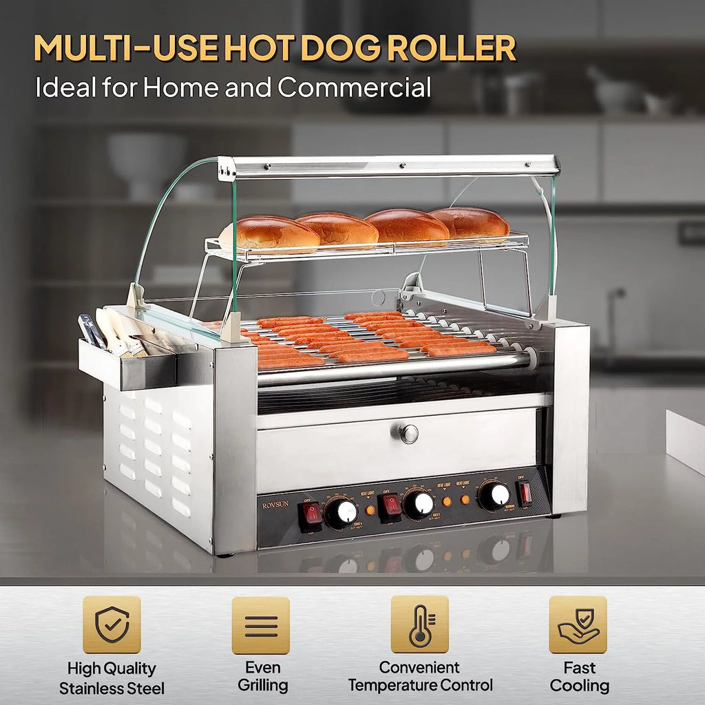 2000W 11 Rollers Hot Dog Roller Grill Cooker Machine with Bun Warmer U1313
