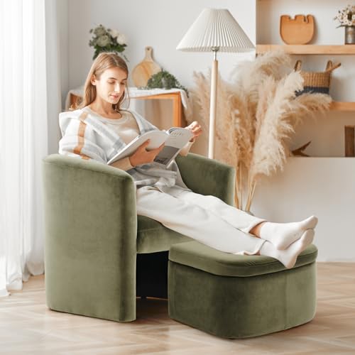 Green Velvet Accent Chair with Storage Ottoman J8980