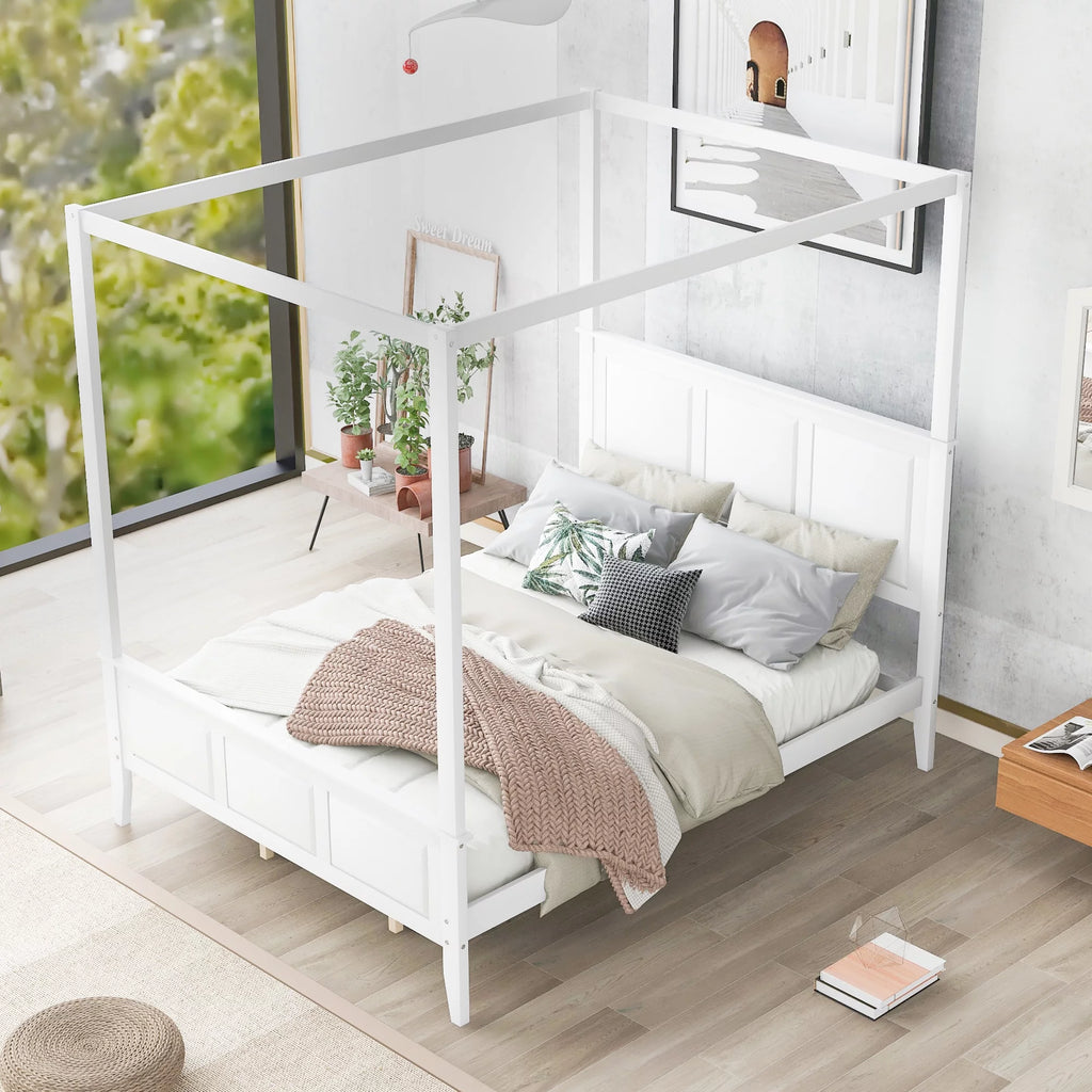 White Wood Queen Size Canopy Platform Bed E94326