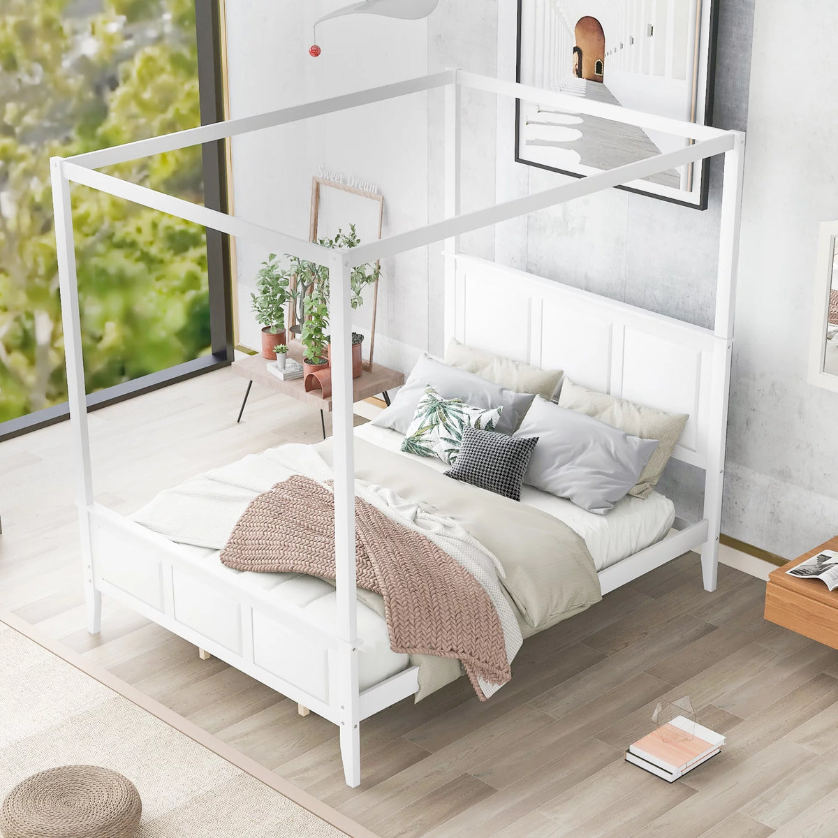 White Wood Queen Size Canopy Platform Bed E94326