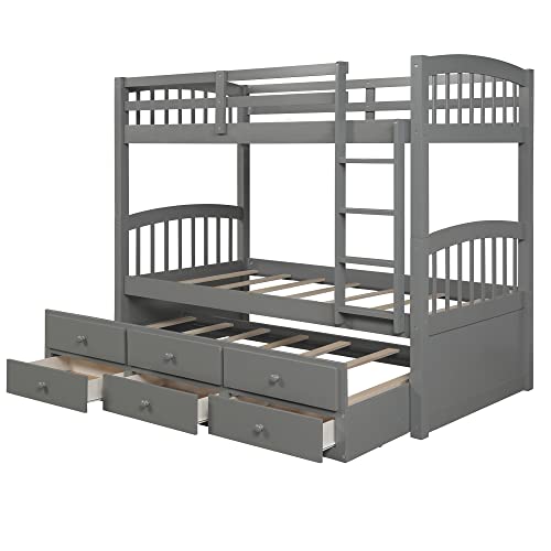 Twin Over Twin Wooden Bunk Bed with Trundle and 3 Storage Drawers H4701