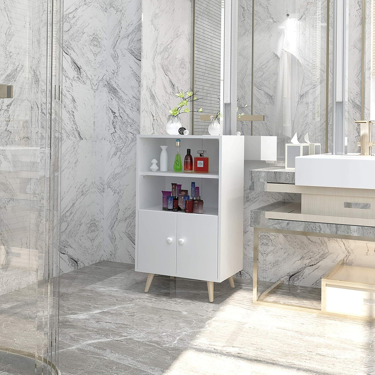 Ivory White Freestanding Bathroom Cabinet with 2 Open Shelves and Doors P909