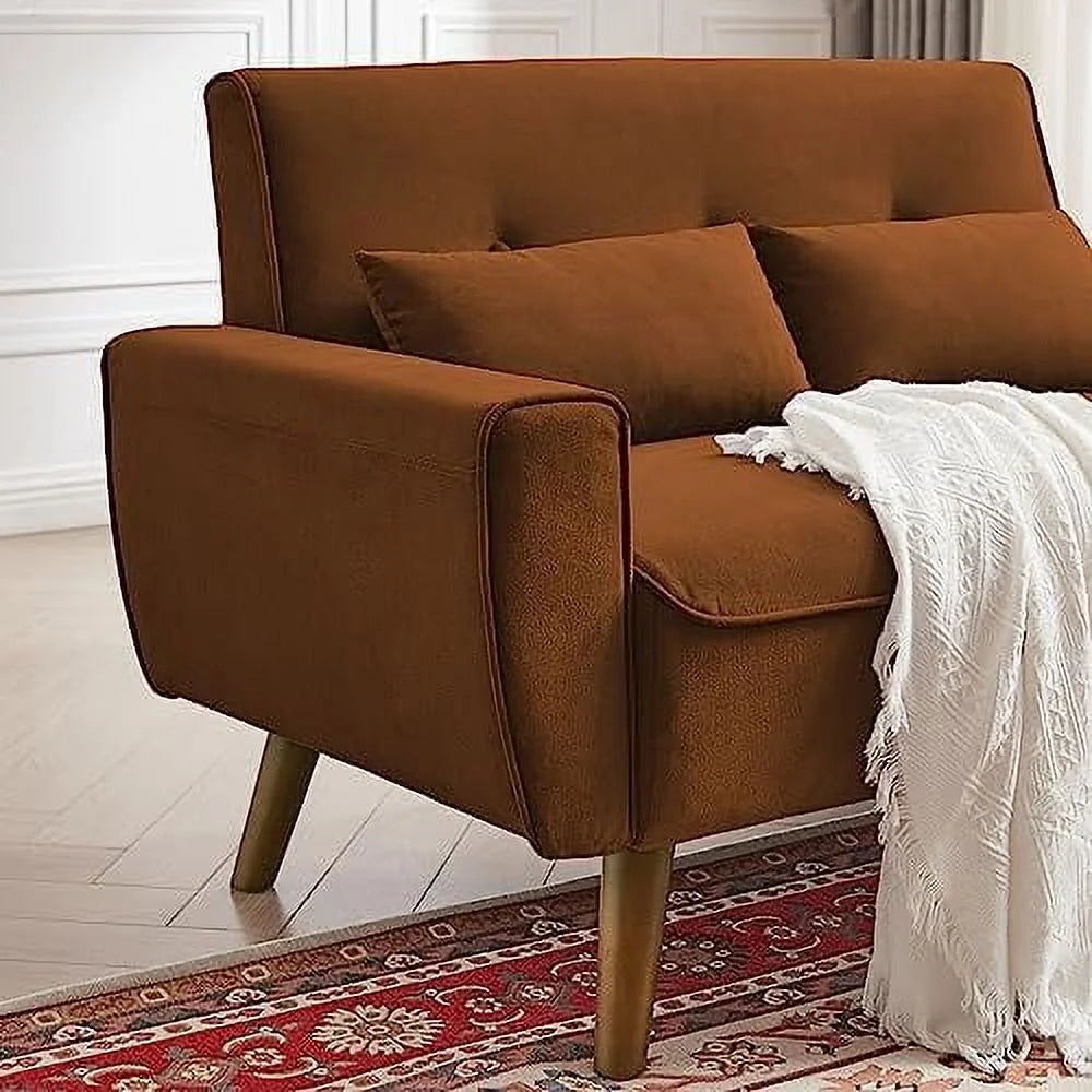 48" Linen Loveseat Sofa with 2 Throw Pillows and Wooden Legs Q99778