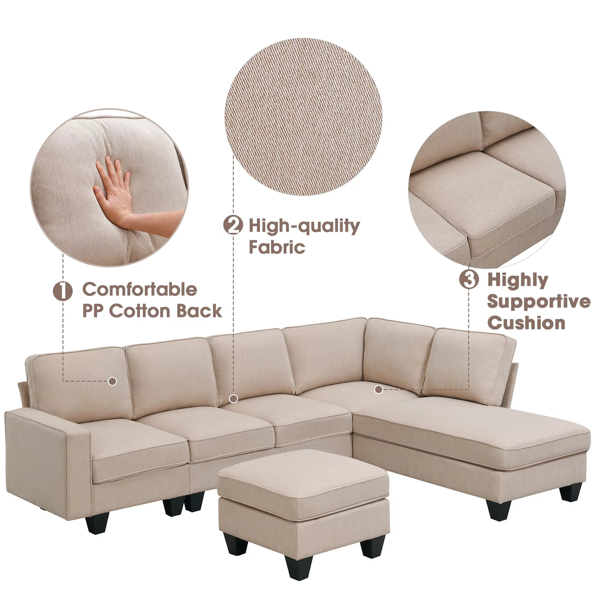 L Shaped Linen Sectional Sofa with Chaise F3266