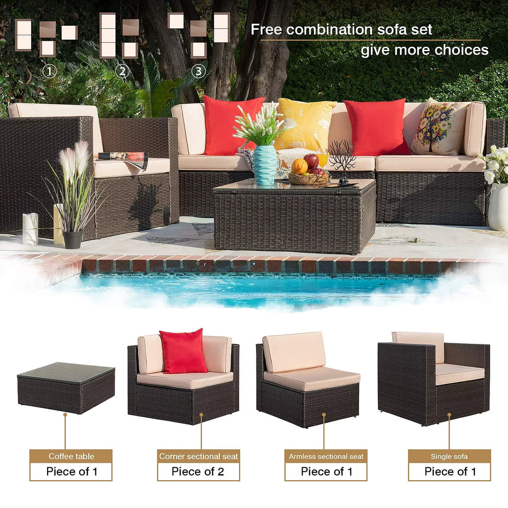 5 Pieces Patio Conversation Set Rattan Sectional Sofa with Glass Table A725937