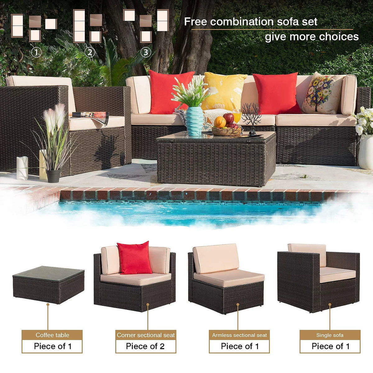 5 Pieces Patio Conversation Set Rattan Sectional Sofa with Glass Table A725937