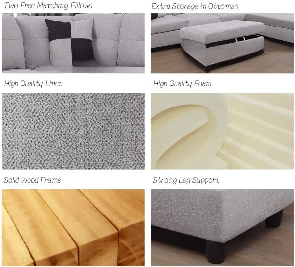 Grey White Linen Fabric L-Shaped Sectional Sofa Set with Storage Ottoman and Pillows Q46407