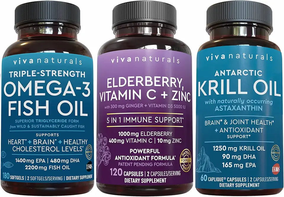 Krill Oil, Elderberry Vitamin C & Zinc and Omega 3 Fish Oil Bundle I723