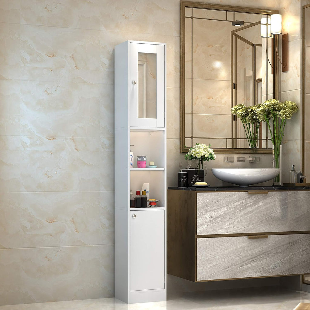 Ivory White Freestanding Bathroom Cabinet with 2 Open Shelves and Doors P909