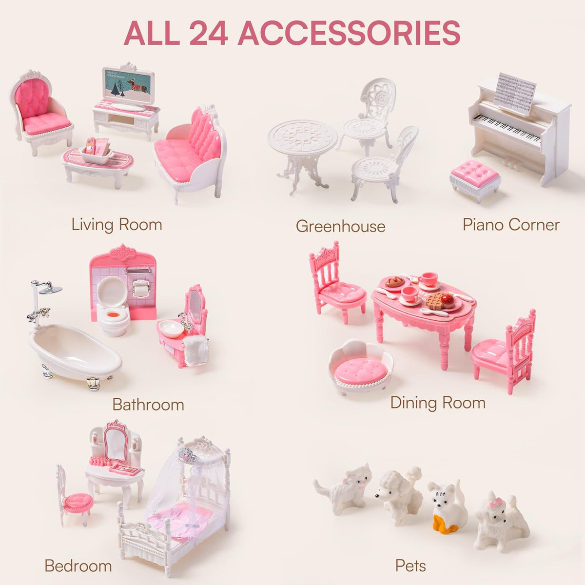 Wooden Dollhouse Playset, 3 Stories, 5 Rooms, 24 PCS Furniture U76780