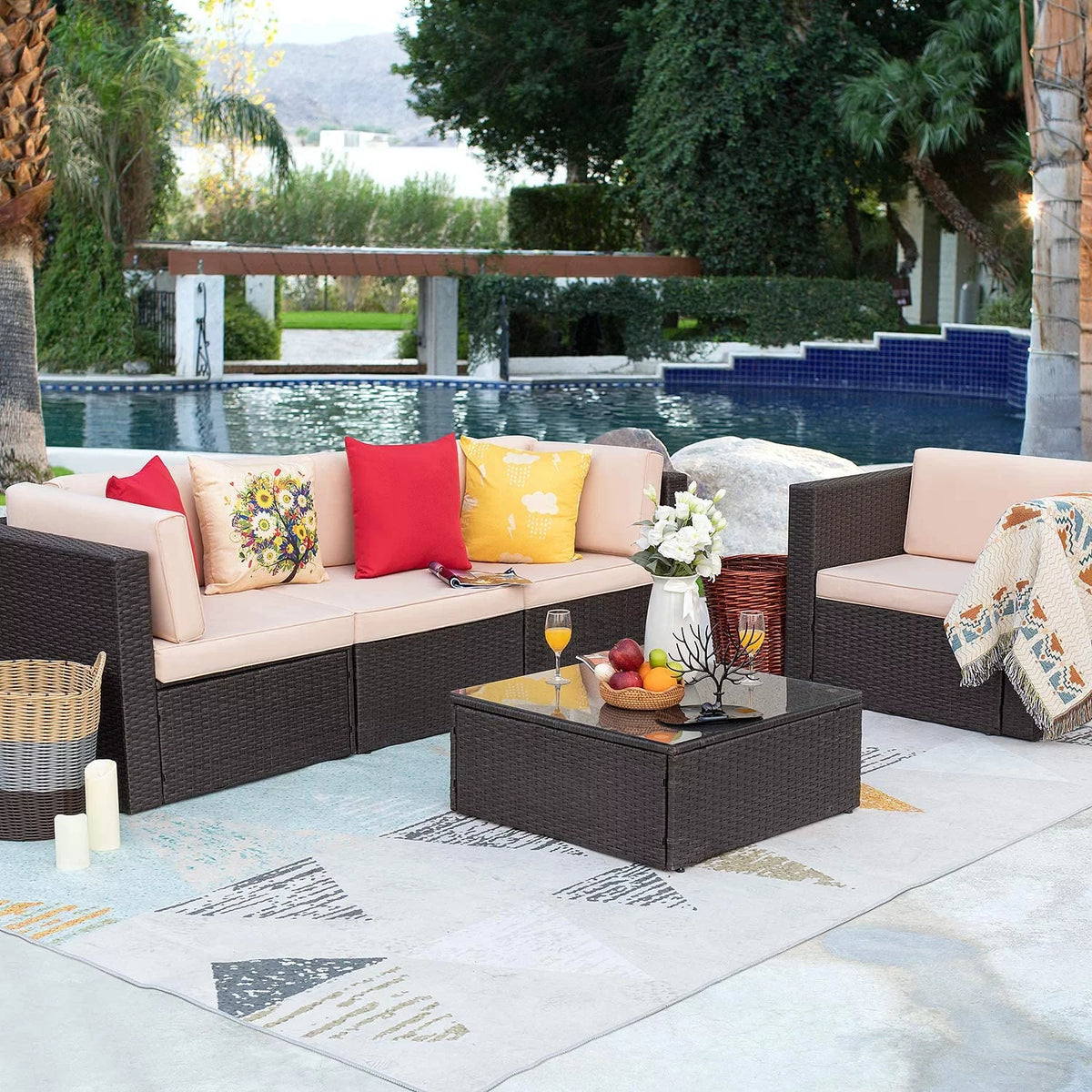 5 Pieces Patio Conversation Set Rattan Sectional Sofa with Glass Table A725937