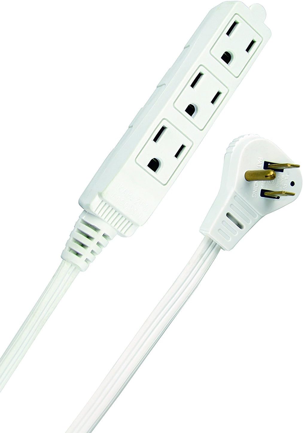 White 13-Foot Angled Flat Plug Extension Cord with 3 Grounded Outlets T2442